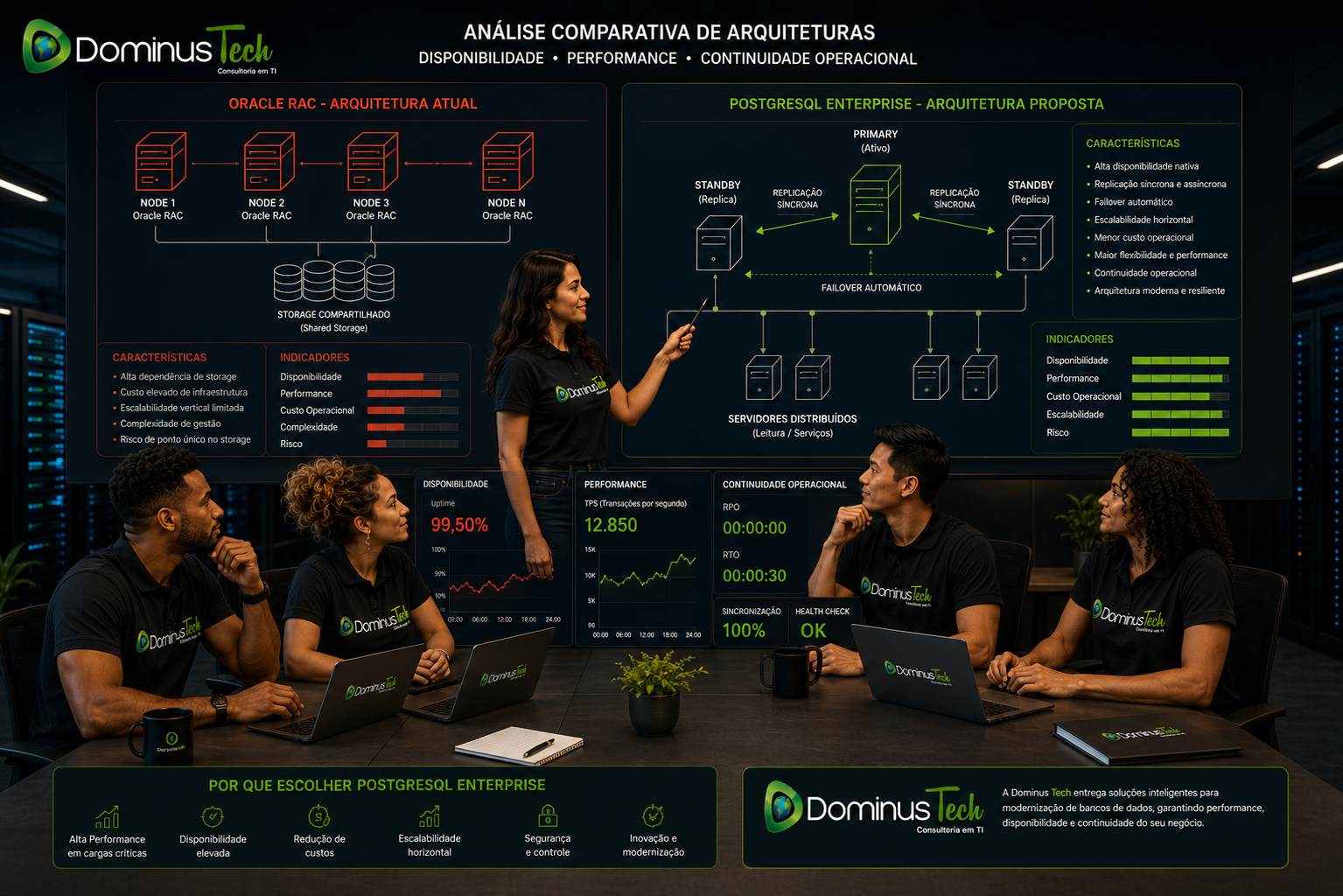 Equipe Dominus Tech analisando uma arquitetura Oracle RAC e uma arquitetura PostgreSQL Enterprise com Primary, Standby, replicação, failover automático, servidores distribuídos e indicadores de disponibilidade e performance.