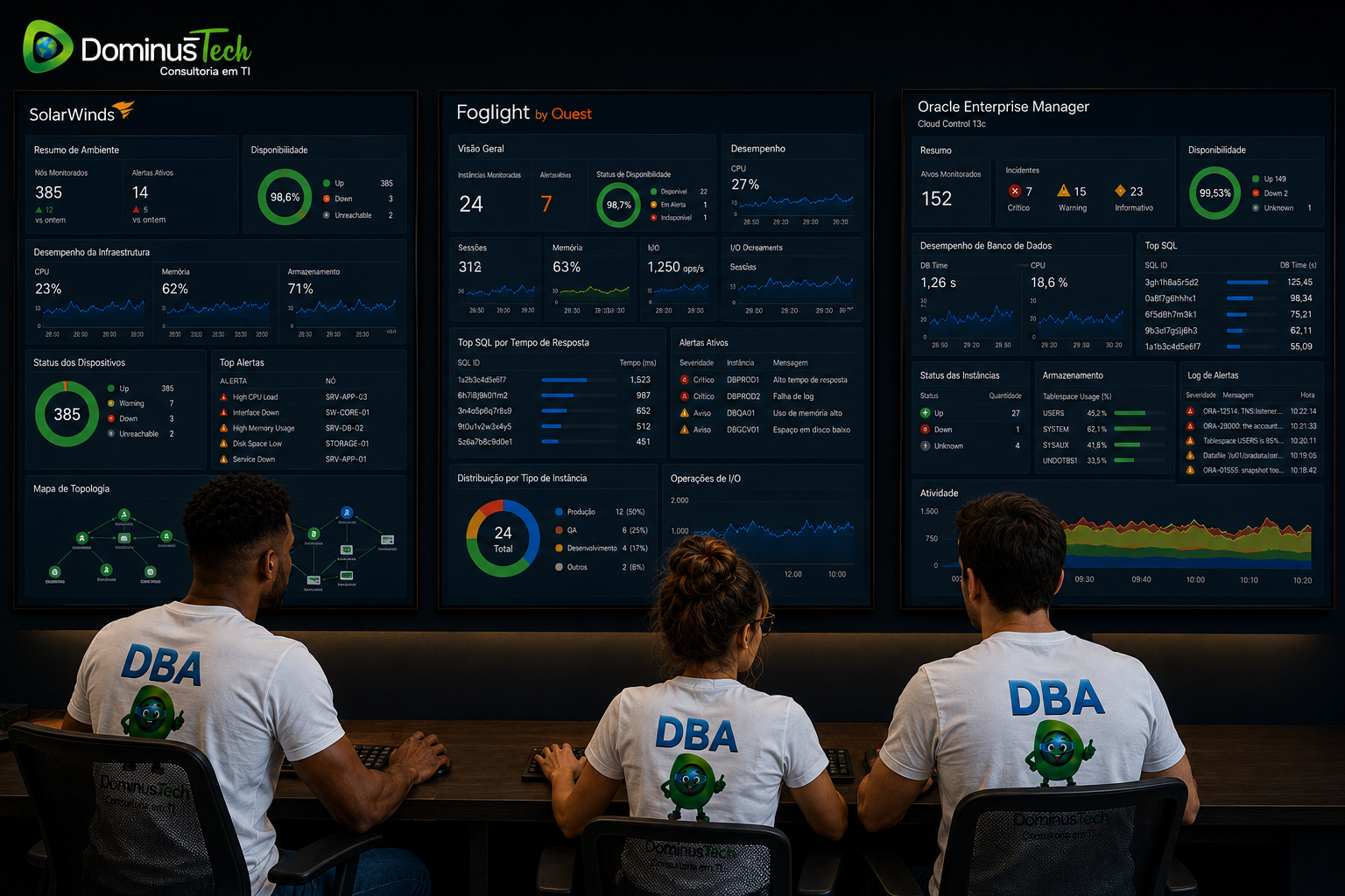 Profissionais da Dominus Tech analisando três painéis integrados de observabilidade com SolarWinds, Foglight da Quest e Oracle Enterprise Manager.