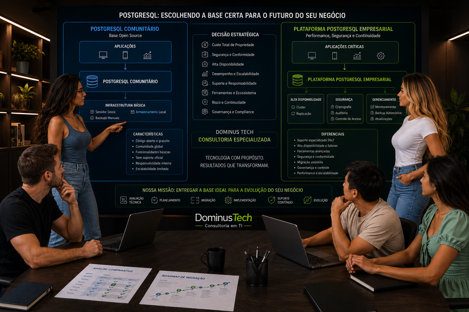 Equipe Dominus Tech analisando a comparação entre PostgreSQL comunitário e plataforma PostgreSQL empresarial, com foco em suporte, segurança, alta disponibilidade, ferramentas, migração e governança.