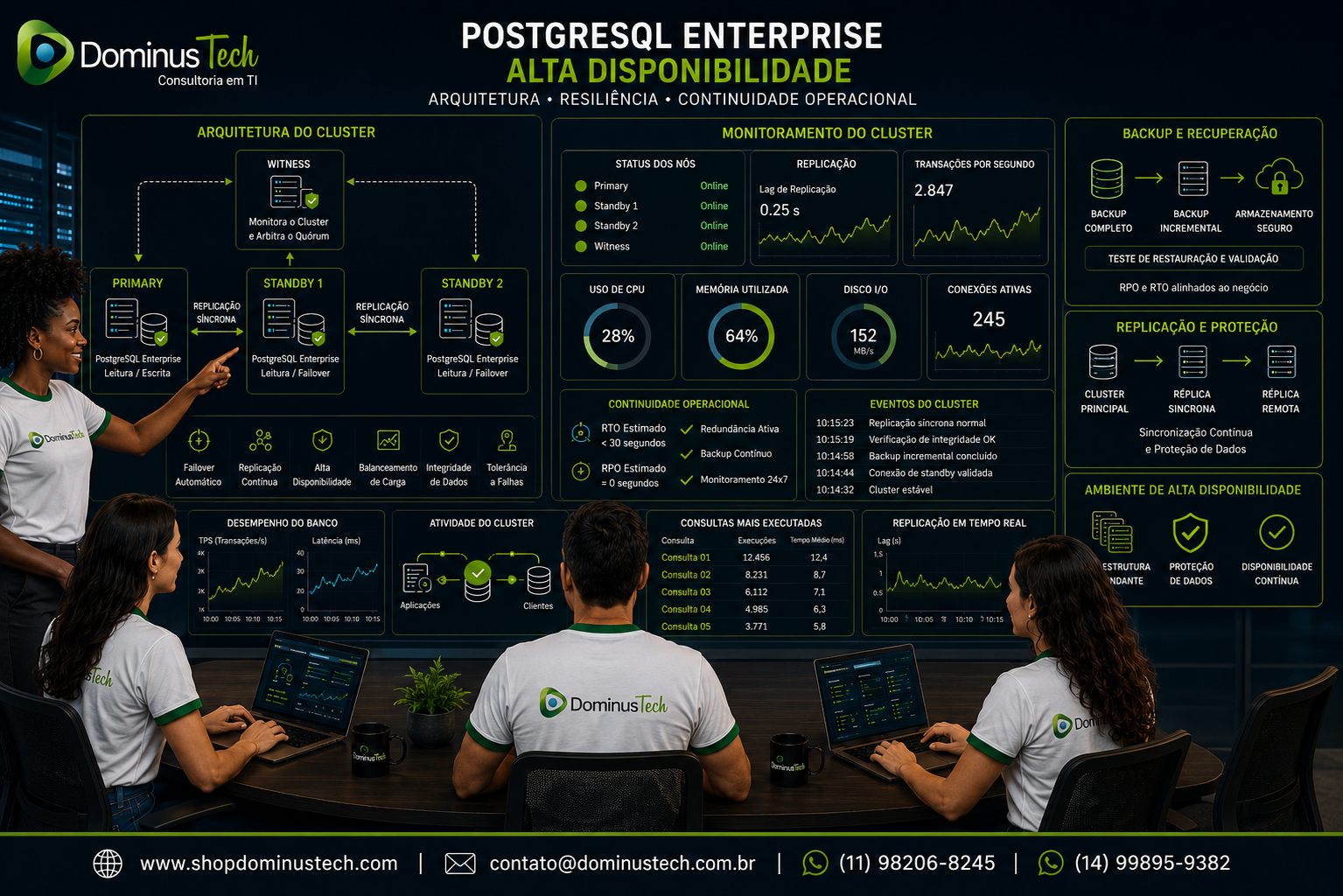 Arquitetura corporativa PostgreSQL com cluster de alta disponibilidade, replicação, backup, monitoramento de desempenho e equipe Dominus Tech analisando o ambiente.