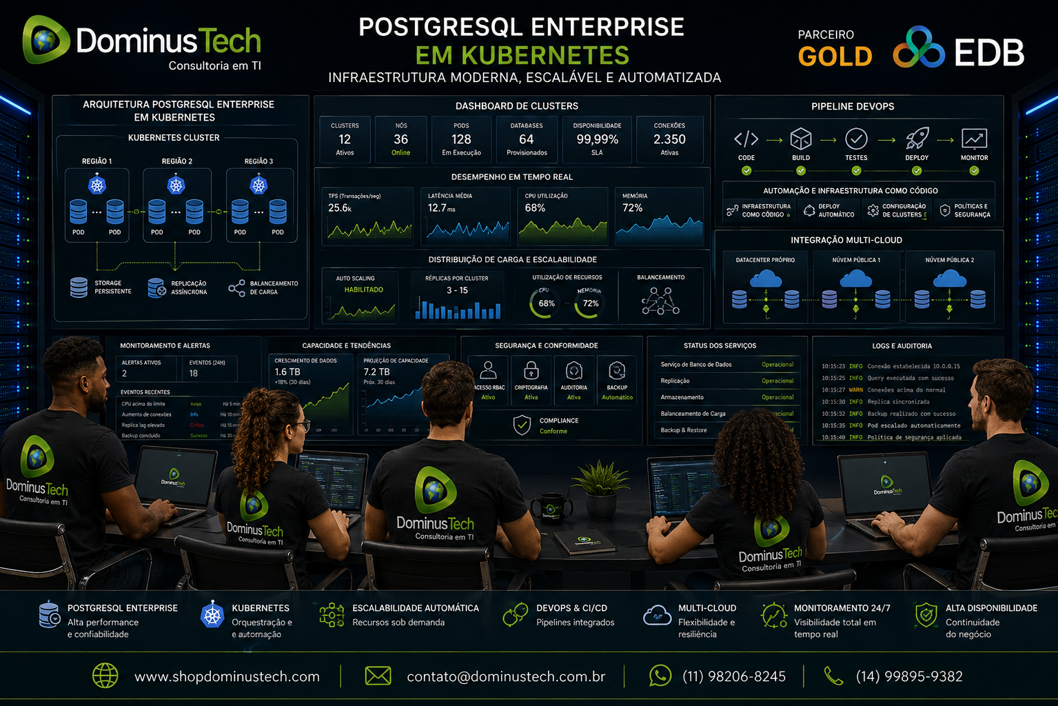 Equipe técnica da Dominus Tech administrando uma infraestrutura PostgreSQL Enterprise executando em Kubernetes, com dashboards exibindo clusters distribuídos, containers, automação DevOps, integração Multi-Cloud, escalabilidade automática, monitoramento em tempo real e alta disponibilidade, além do logotipo da EDB em destaque.