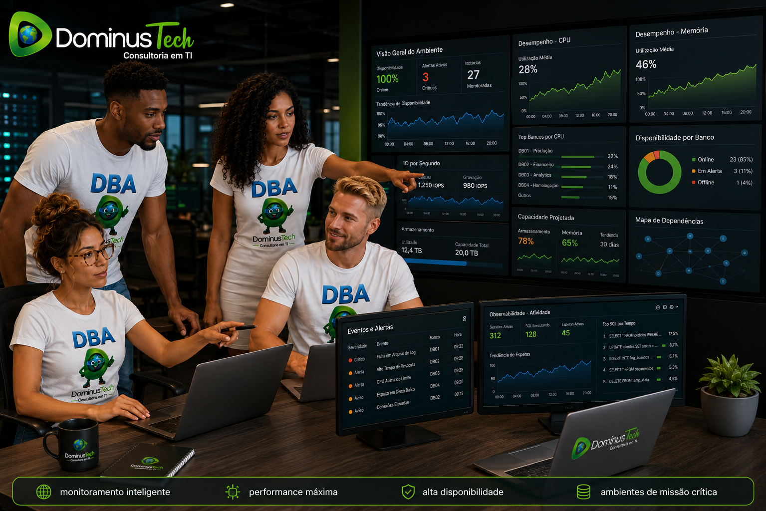 Profissionais da Dominus Tech analisando dashboards de monitoramento e desempenho de bancos de dados em ambiente corporativo de missão crítica.