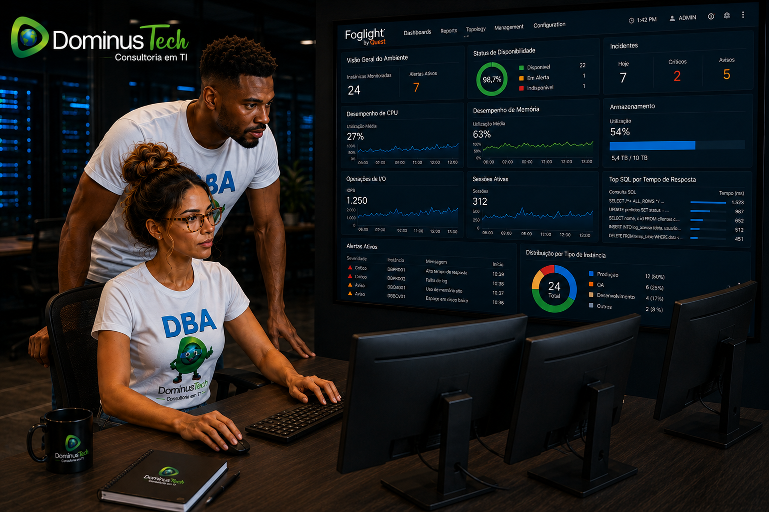 Profissionais da Dominus Tech monitorando bancos de dados por meio de dashboards Foglight da Quest, com análise de desempenho, disponibilidade, CPU, memória, armazenamento, I/O, sessões, consultas SQL e alertas.