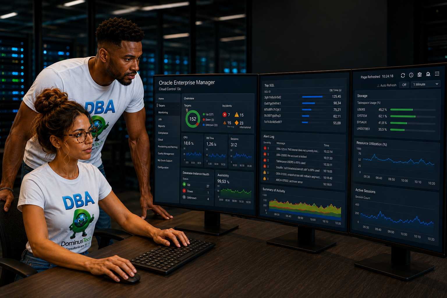 Profissionais da Dominus Tech analisando dashboards do Oracle Enterprise Manager para monitoramento de bancos de dados, desempenho, disponibilidade e alertas em tempo real.