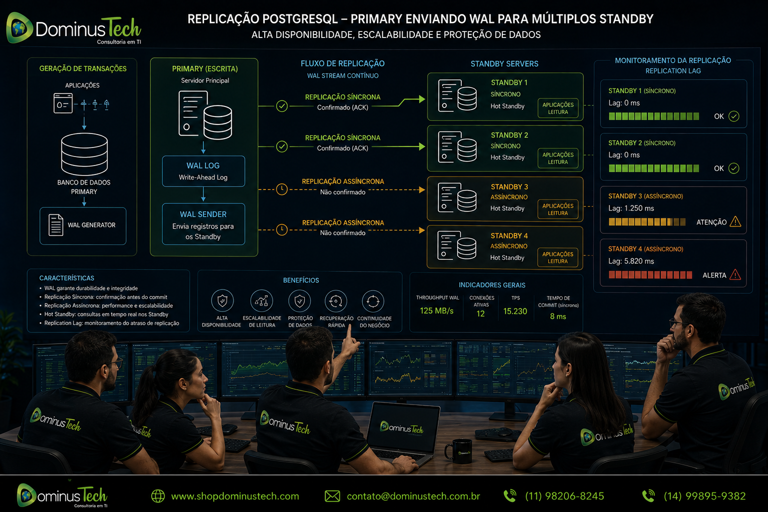 Equipe da Dominus Tech analisando uma arquitetura de replicação PostgreSQL em uma sala de operações corporativa, com servidor Primary enviando registros WAL para múltiplos servidores Standby, replicação síncrona e assíncrona, Hot Standby e monitoramento de replication lag.