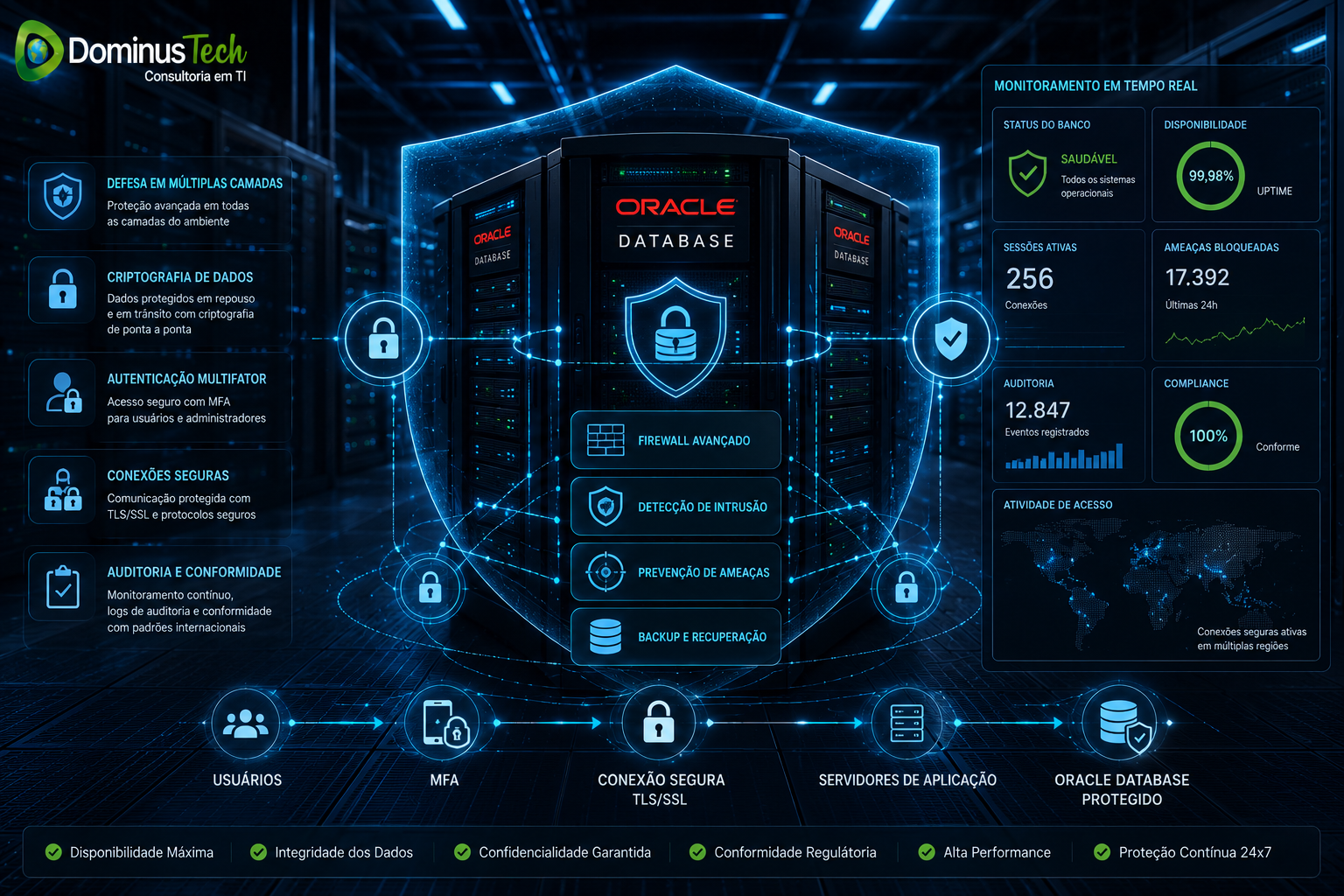 Ambiente corporativo de Data Center com servidores Oracle Database protegidos por múltiplas camadas de segurança digital, incluindo criptografia, autenticação multifator, conexões seguras, monitoramento contínuo e painéis de observabilidade para proteção de dados corporativos.