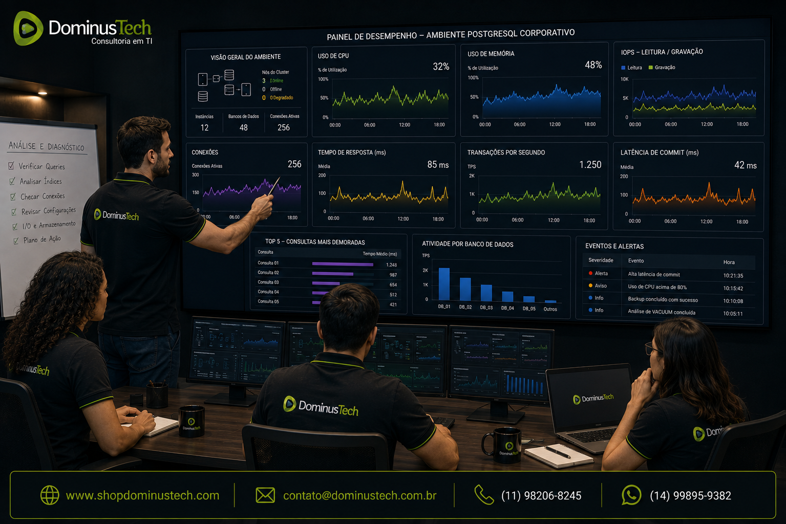Especialistas da Dominus Tech analisando indicadores de desempenho de um ambiente PostgreSQL corporativo, com gráficos de CPU, memória, I/O, conexões, transações e tempo de resposta. Consultoria EnterpriseDB