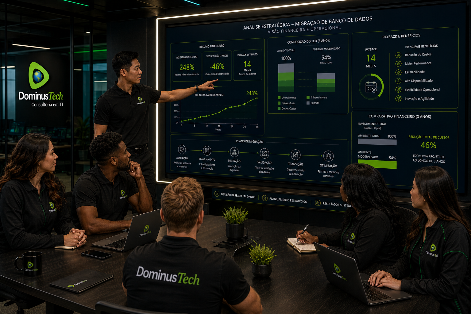 Equipe da Dominus Tech em reunião técnica analisando indicadores de ROI, TCO e payback para planejamento estratégico de migração e modernização de banco de dados.