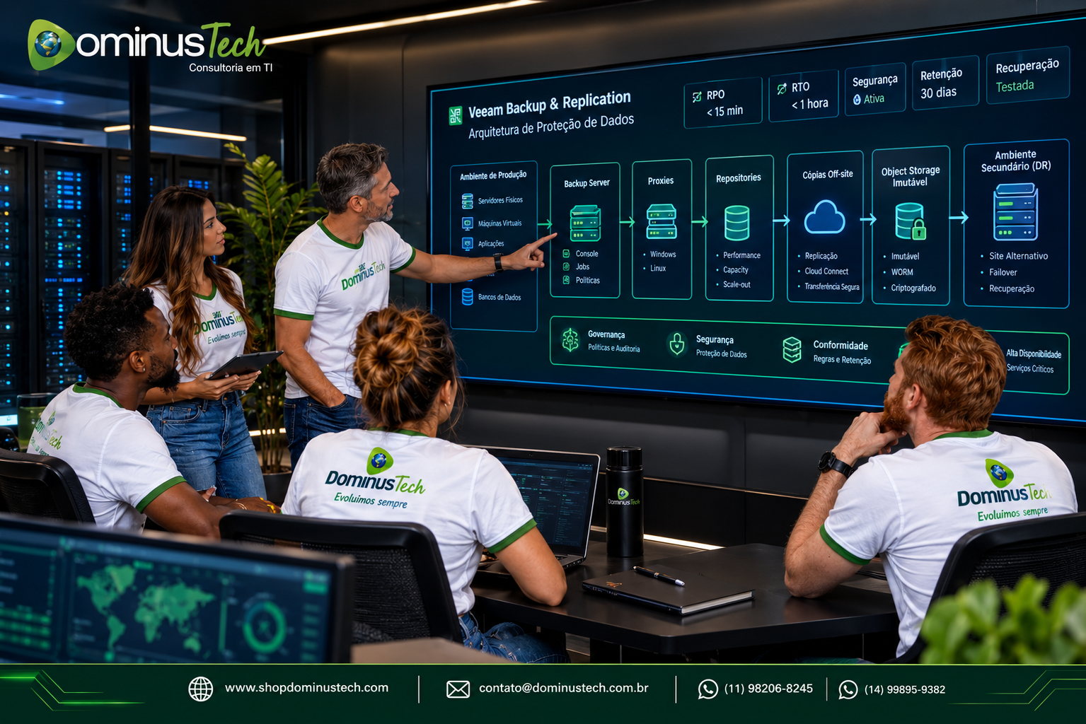 Equipe da Dominus Tech analisando arquitetura de backup Veeam Backup & Replication para proteção e recuperação de dados