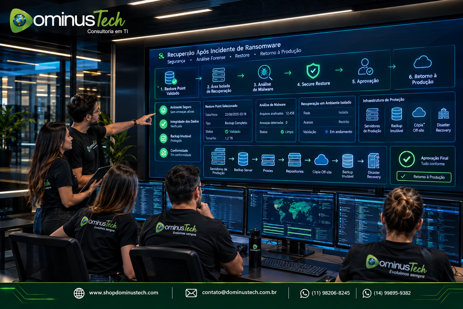 Equipe Dominus Tech analisando recuperação após ransomware com restore point, backup imutável e disaster recovery