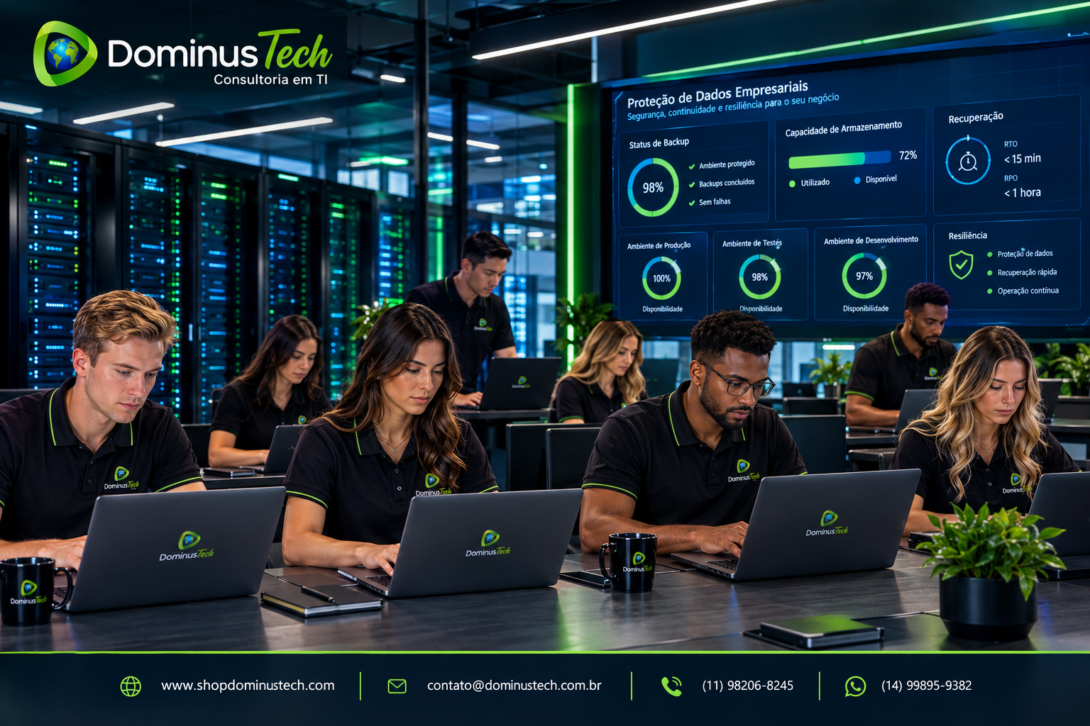 Equipe da Dominus Tech trabalhando em notebooks em ambiente corporativo moderno, com servidores, backup, armazenamento seguro, recuperação de dados, cloud e indicadores de resiliência.