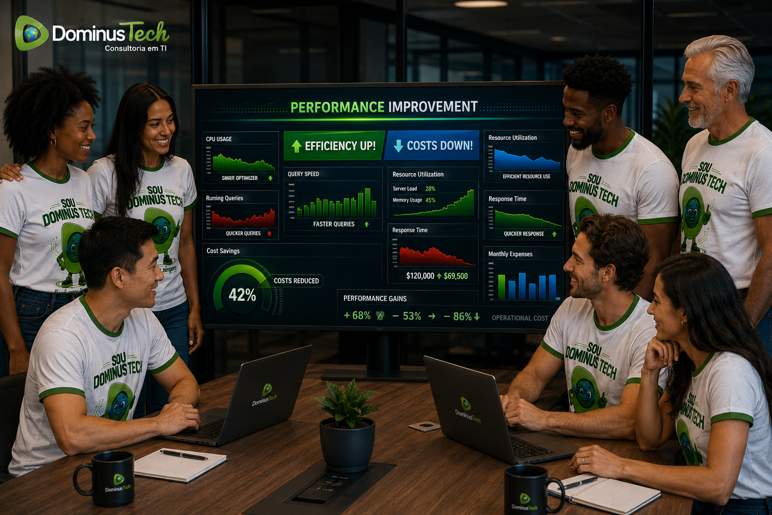 Equipe Dominus Tech usando camisetas da empresa e analisando dashboard de monitoramento e performance de banco de dados em ambiente corporativo