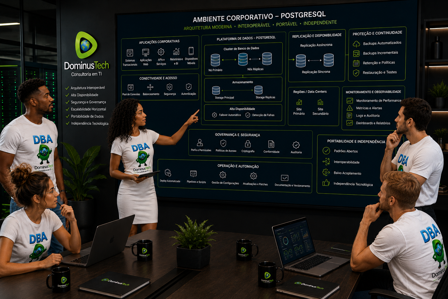 Equipe da Dominus Tech analisando arquitetura corporativa PostgreSQL com aplicações, servidores, replicação, backup e monitoramento.