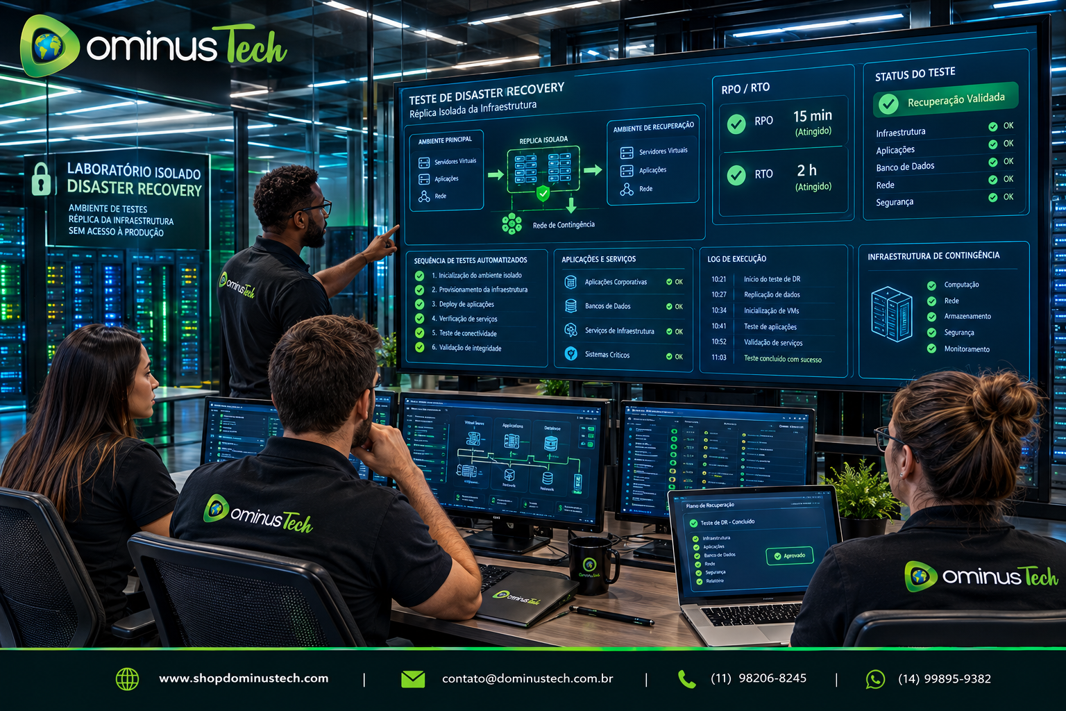 Ambiente empresarial de teste de Disaster Recovery com réplica isolada da infraestrutura, servidores virtuais, aplicações, rede de contingência e equipe técnica validando um recovery plan.