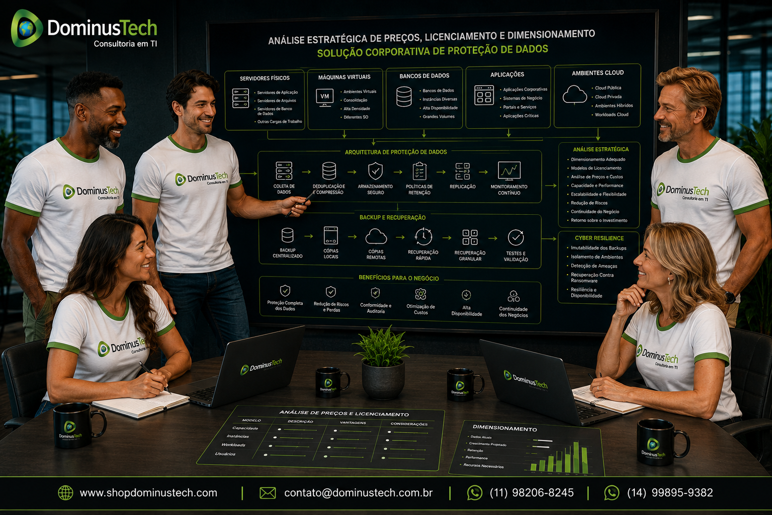 Equipe da Dominus Tech realizando análise estratégica de preços, licenciamento e dimensionamento de uma solução corporativa de proteção de dados, com servidores, máquinas virtuais, bancos de dados, aplicações, cloud, backup e recuperação.