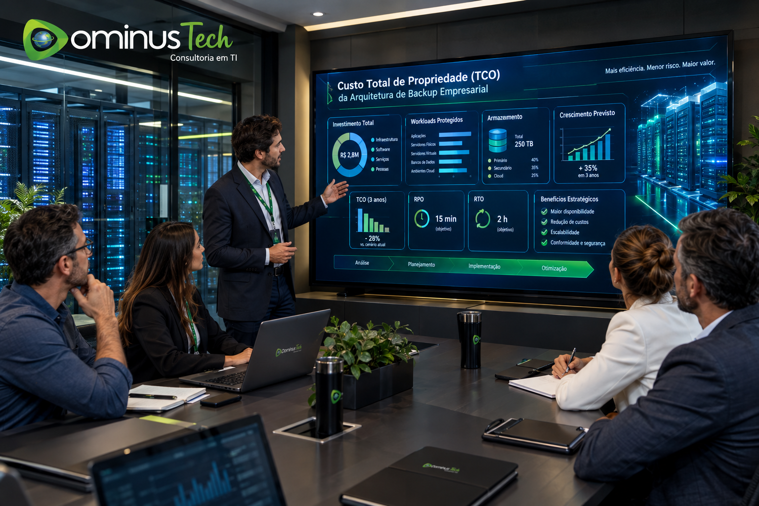 Equipe da Dominus Tech analisando o custo total de uma arquitetura de backup empresarial com indicadores de TCO, workloads, storage, RPO e RTO.