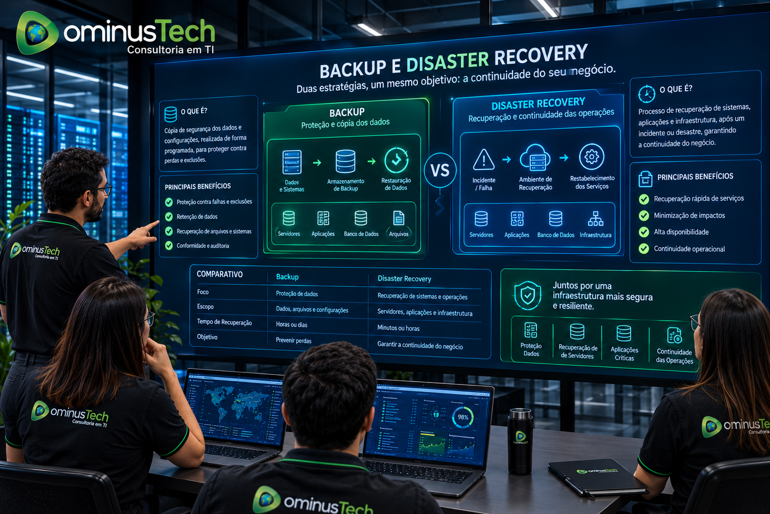 Equipe da Dominus Tech analisando uma arquitetura corporativa que compara Backup e Disaster Recovery, com proteção de dados, recuperação de servidores, aplicações críticas e continuidade das operações.