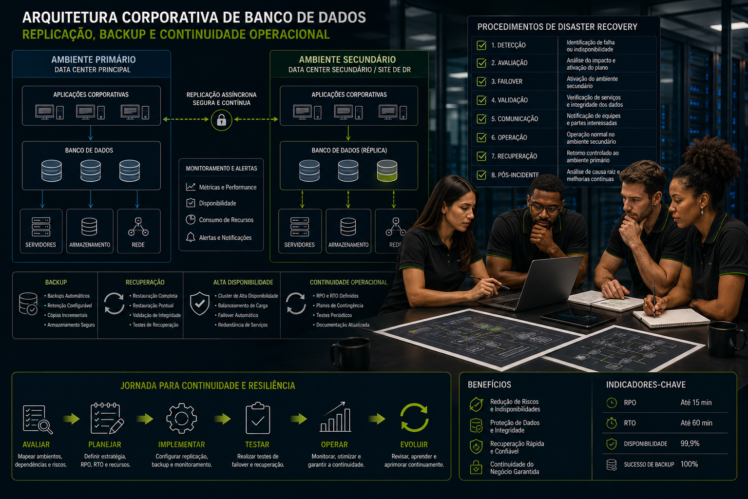 Equipe técnica da Dominus Tech analisando arquitetura corporativa de banco de dados com replicação, backup, recuperação e continuidade operacional. Serviços EnterpriseDB