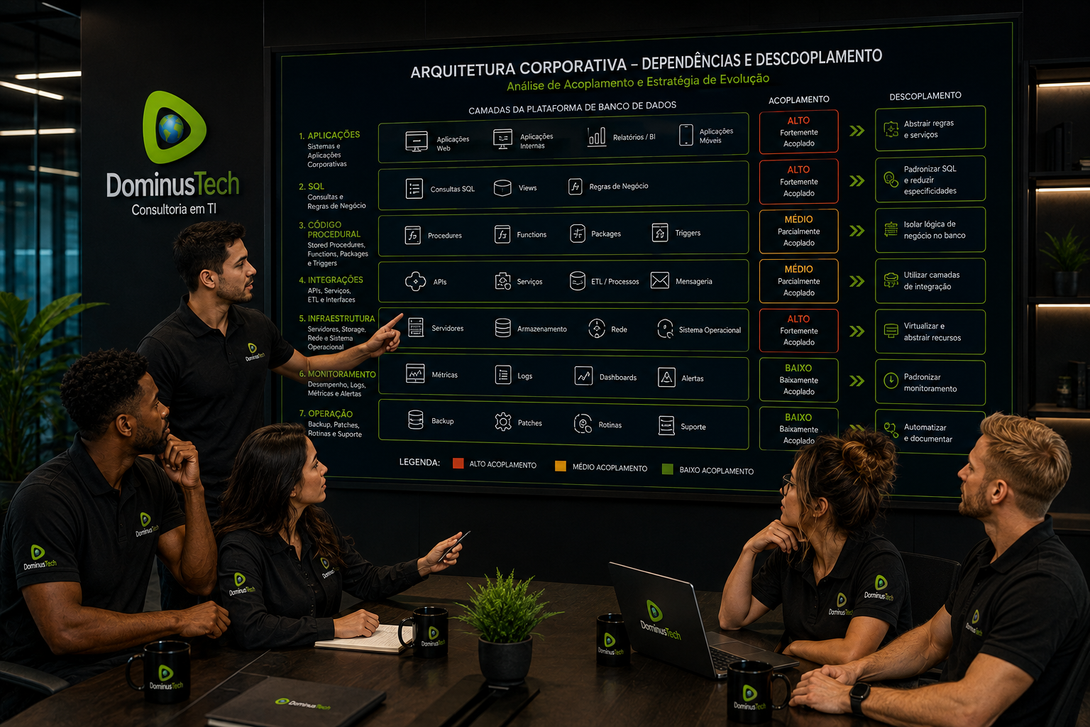 Equipe da Dominus Tech analisando arquitetura corporativa de banco de dados, dependências entre aplicações, código, integrações, infraestrutura e monitoramento.