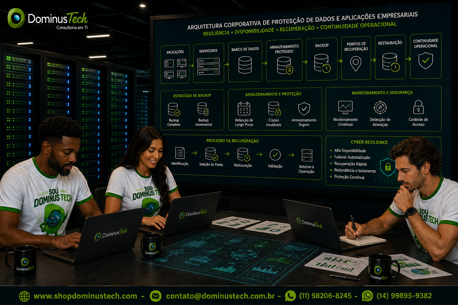 Equipe da Dominus Tech analisando arquitetura corporativa de proteção de dados, com servidores, bancos de dados, aplicações, armazenamento seguro, backup e pontos de recuperação.