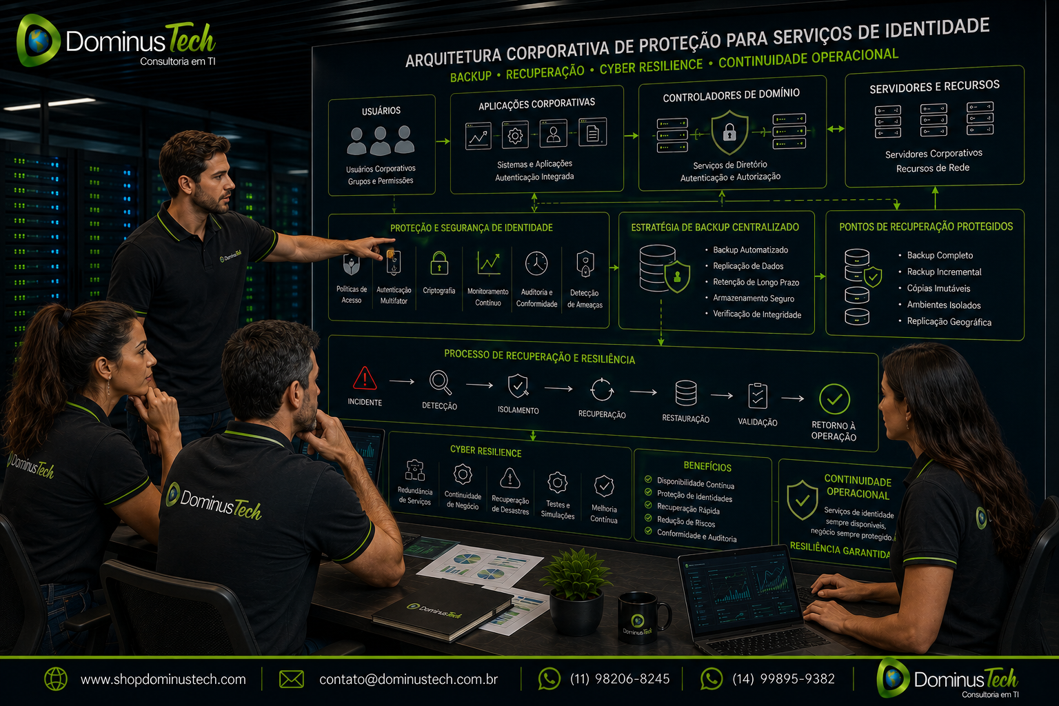 Equipe da Dominus Tech analisando uma arquitetura corporativa de proteção para serviços de identidade, com controladores de domínio, usuários, aplicações, servidores, backup centralizado e pontos de recuperação protegidos.