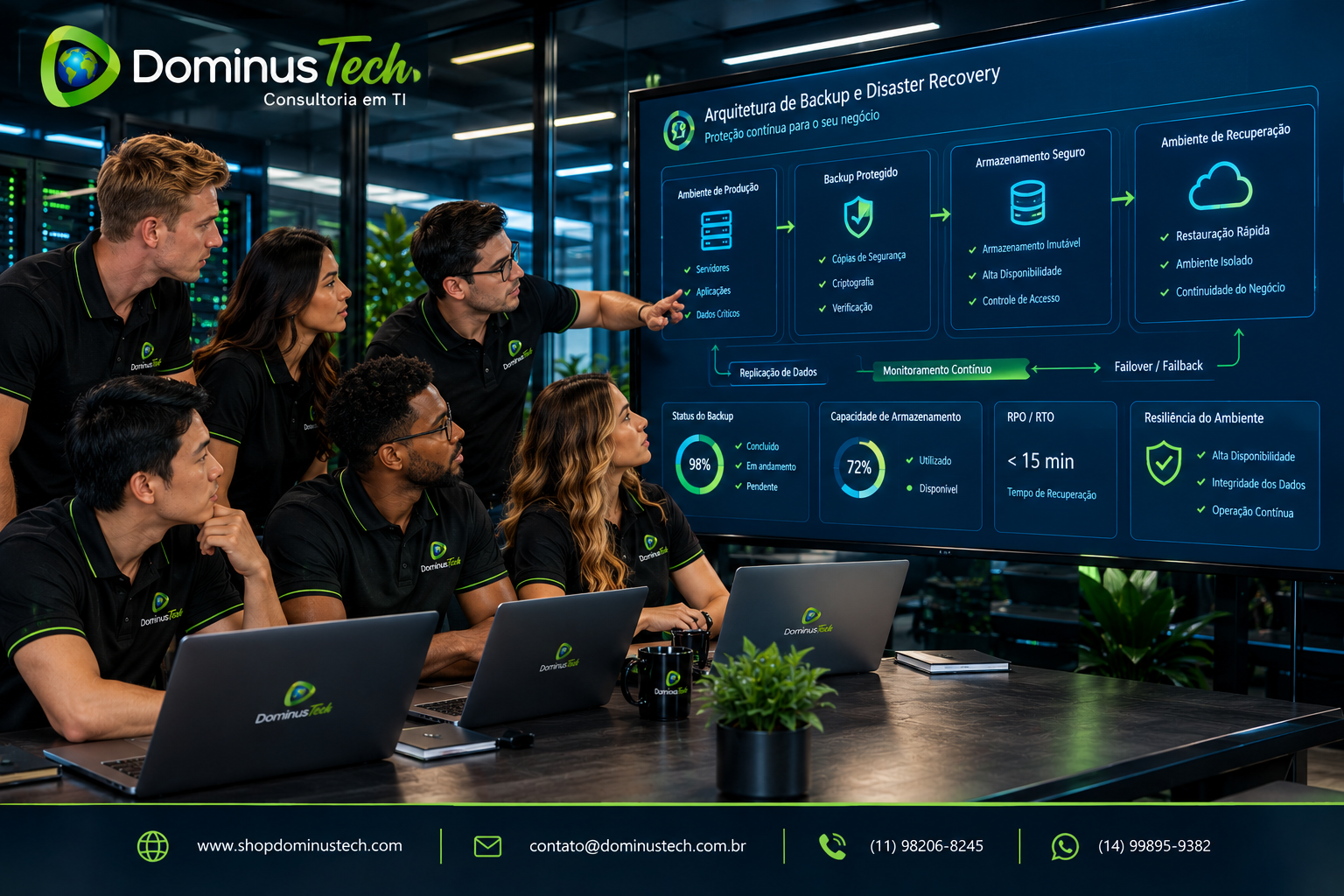 Profissionais da Dominus Tech analisando arquitetura empresarial de backup e disaster recovery, com fluxos entre produção, backup protegido, armazenamento seguro e ambiente de recuperação.