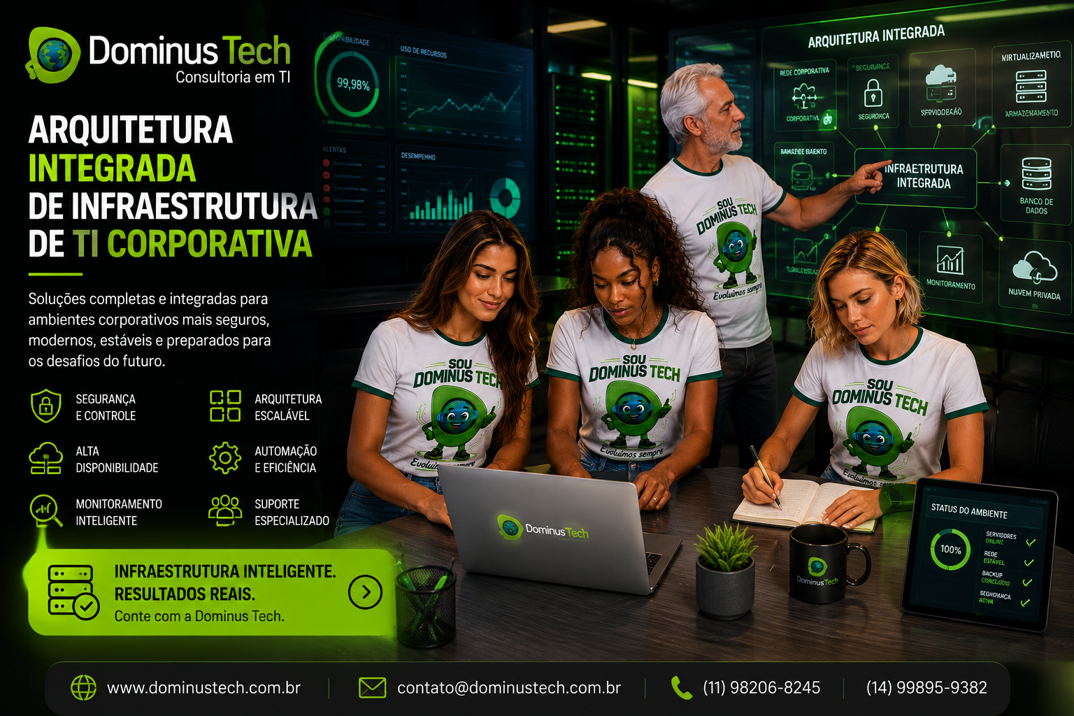 Equipe Dominus Tech trabalhando em arquitetura integrada de infraestrutura de TI corporativa em ambiente tecnológico