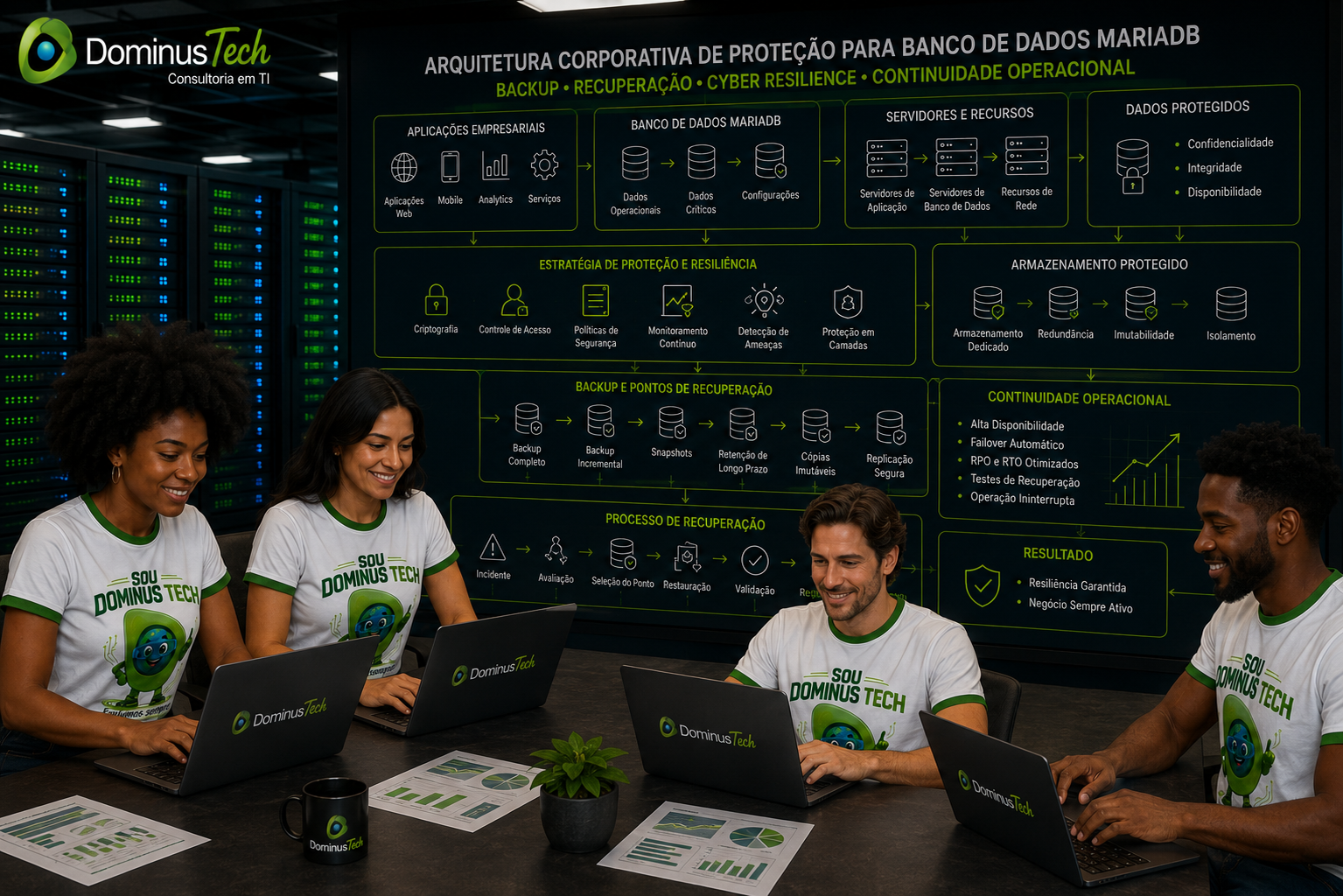 Equipe da Dominus Tech analisando arquitetura corporativa de proteção para banco de dados MariaDB, com servidores, aplicações, backup, armazenamento protegido e pontos de recuperação.