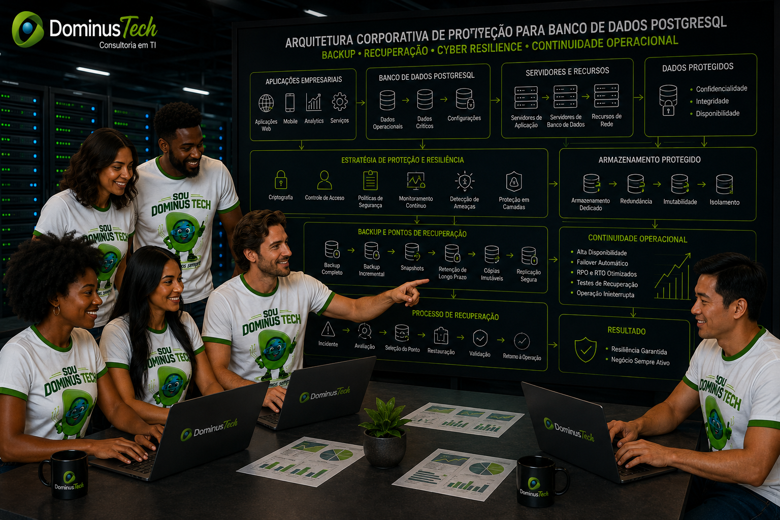 Equipe da Dominus Tech analisando arquitetura corporativa de proteção para banco de dados PostgreSQL, com servidores, aplicações, dados protegidos, armazenamento seguro, backup e pontos de recuperação.