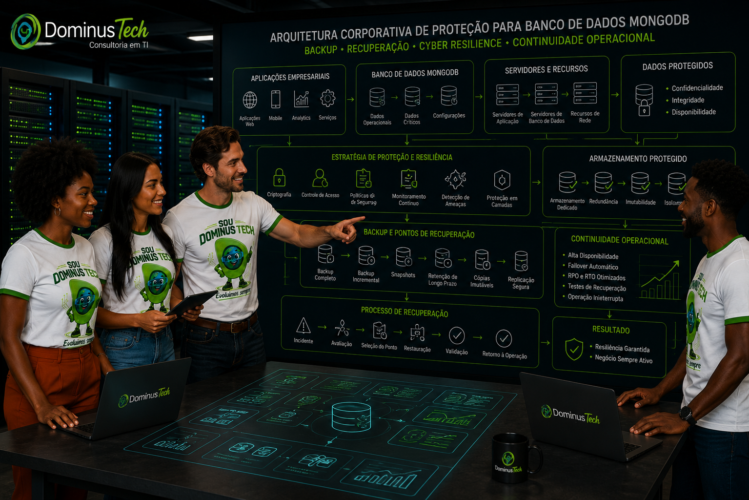 Equipe da Dominus Tech analisando uma arquitetura corporativa de proteção para banco de dados MongoDB, com servidores, aplicações empresariais, dados protegidos, armazenamento seguro, backup, pontos de recuperação e continuidade operacional.
