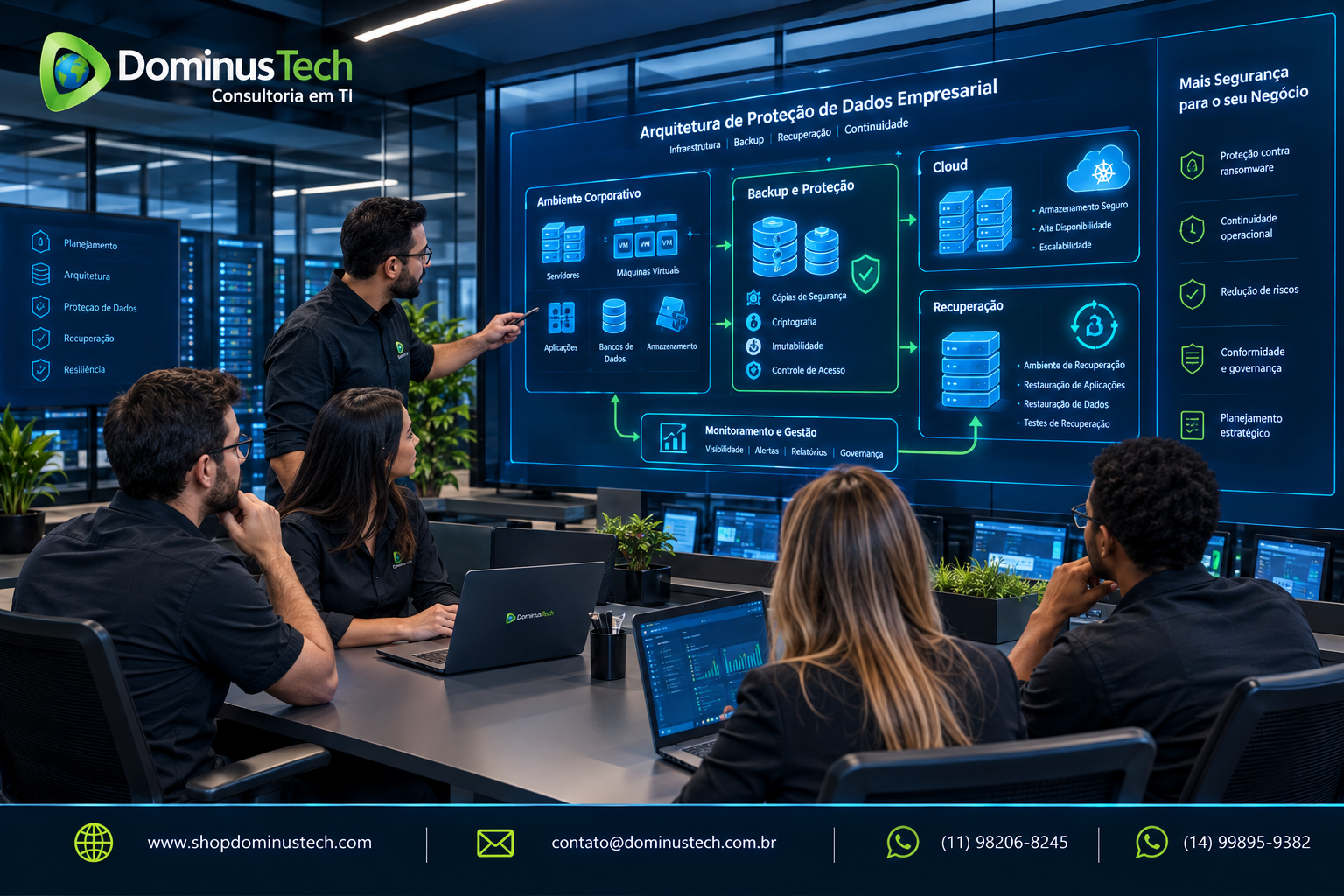 Equipe da Dominus Tech analisando arquitetura empresarial de proteção de dados com servidores, máquinas virtuais, armazenamento, cloud, backup e recuperação. Veeam Parceiro