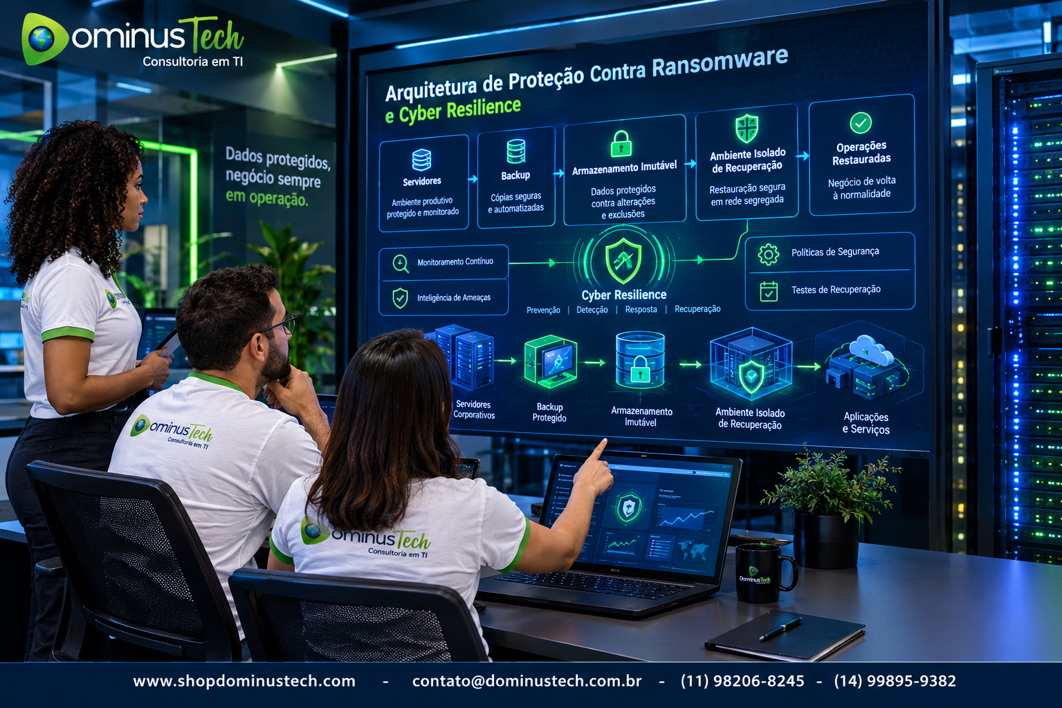 Equipe da Dominus Tech acompanhando uma arquitetura de proteção contra ransomware com servidores, backup protegido, armazenamento imutável e ambiente isolado de recuperação.