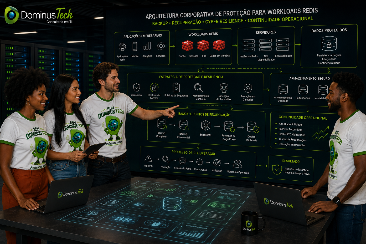 Equipe da Dominus Tech analisando uma arquitetura corporativa de proteção para workloads Redis, com aplicações empresariais, servidores, dados protegidos, armazenamento seguro, backup, pontos de recuperação e continuidade operacional.