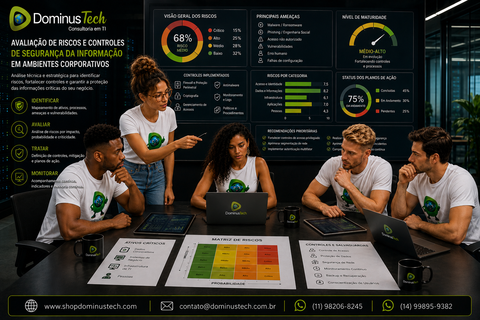 Equipe da Dominus Tech analisando riscos e controles de Segurança da Informação em ambiente corporativo.