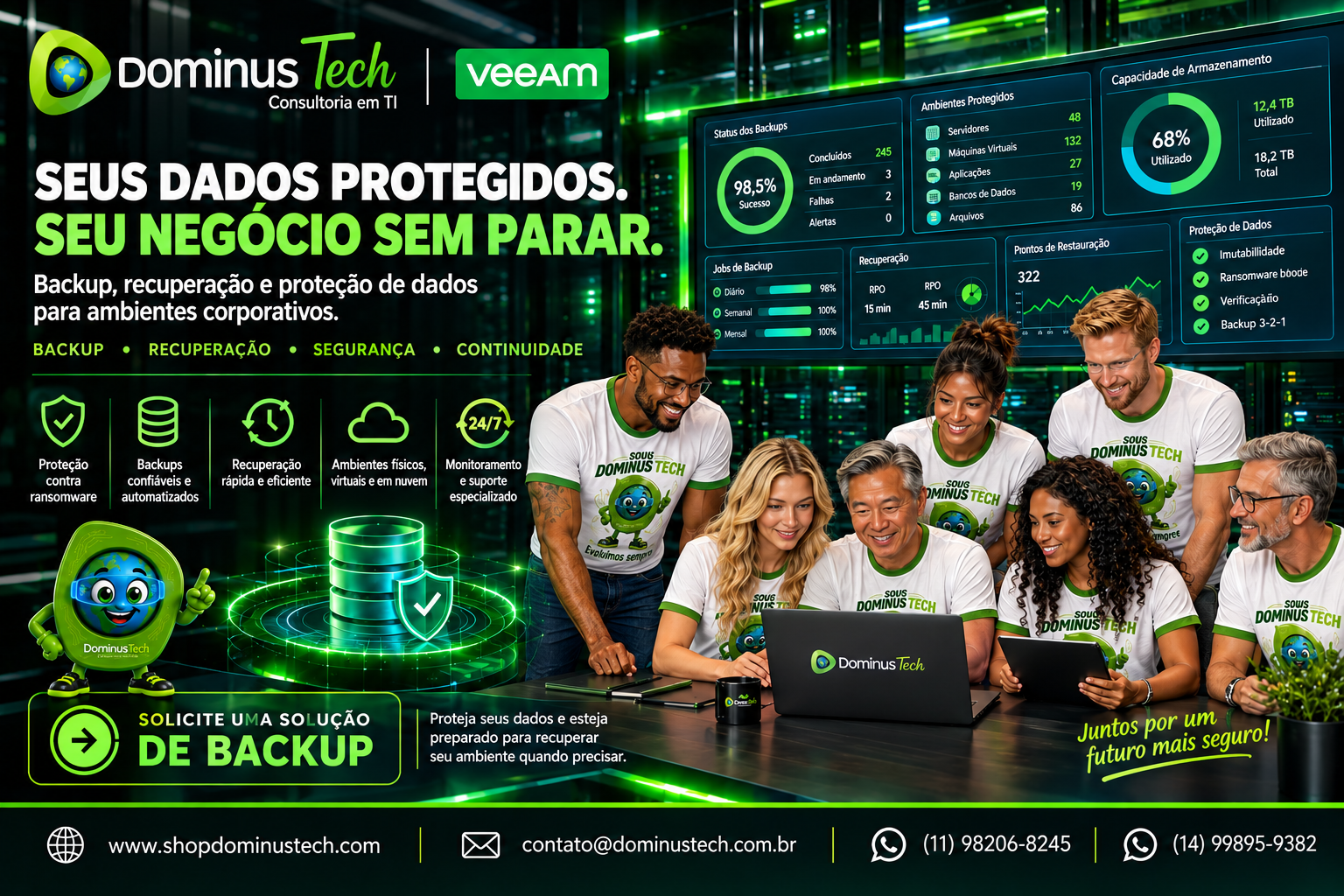 Equipe Dominus Tech em ambiente corporativo de tecnologia, acompanhando estratégias de backup, recuperação, proteção de dados e continuidade operacional.
