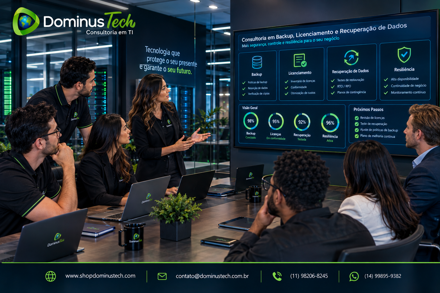 Consultores da Dominus Tech reunidos com gestores em uma sala de tecnologia, analisando requisitos de backup, licenciamento, recuperação de dados e resiliência empresarial.