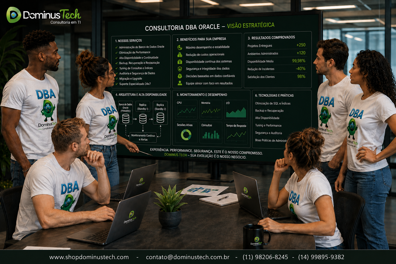 Equipe de especialistas em Consultoria DBA Oracle da Dominus Tech analisando painel de arquitetura, alta disponibilidade, monitoramento e desempenho em ambiente corporativo. Consultoria DBA Oracle