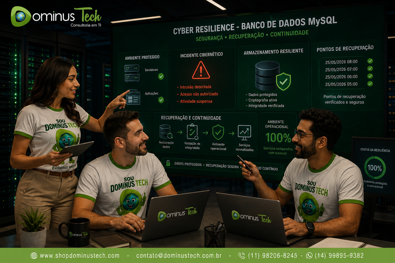 Profissionais da Dominus Tech acompanhando uma estratégia de cyber resilience para banco de dados MySQL, com servidores, aplicações protegidas, armazenamento resiliente e pontos de recuperação seguros.