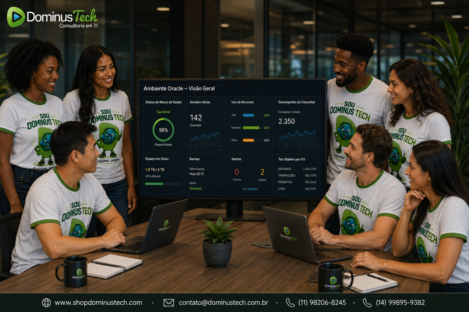 Equipe Dominus Tech reunida em ambiente corporativo analisando dashboard de monitoramento e desempenho de banco de dados Oracle. Consultoria DBA Oracle