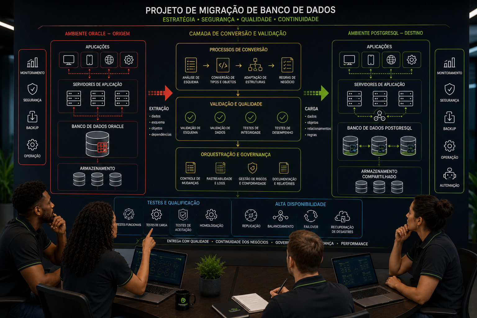 Equipe da Dominus Tech analisando diagrama corporativo de migração de banco de dados com ambiente de origem, conversão, validação, aplicações, testes, alta disponibilidade e governança.
