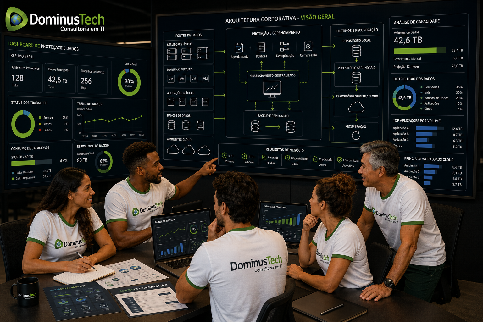 Especialistas comerciais e técnicos da Dominus Tech analisando uma arquitetura corporativa de backup, recuperação e cyber resilience com servidores, aplicações, bancos de dados, cloud e armazenamento protegido.