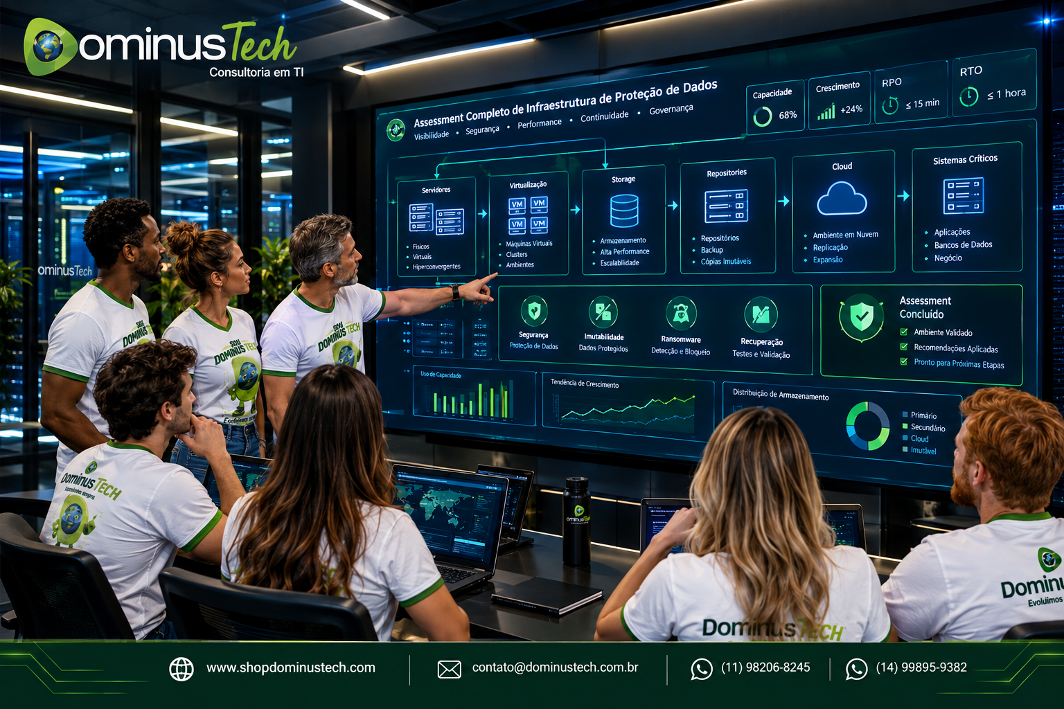 Equipe da Dominus Tech reunida em um moderno ambiente corporativo analisando uma arquitetura de migração e modernização de infraestrutura de TI, com painéis apresentando servidores, virtualização, armazenamento, segurança, nuvem, proteção de dados, continuidade operacional e planejamento tecnológico.