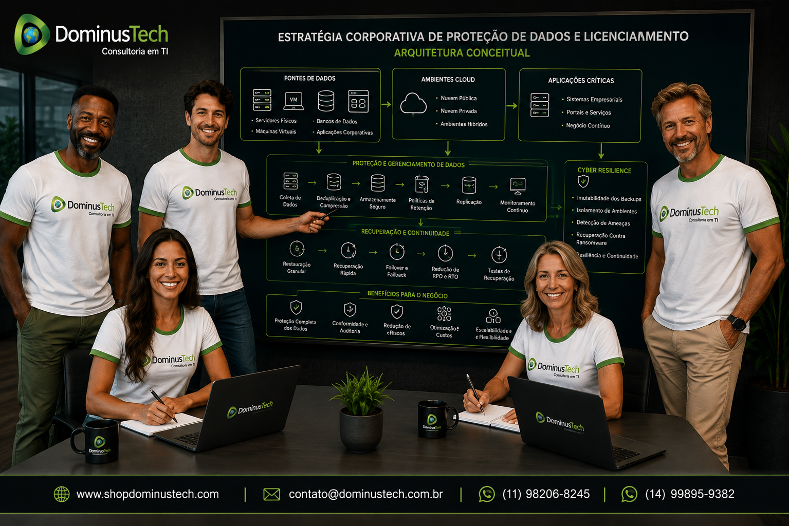 Equipe da Dominus Tech apresentando estratégia corporativa de proteção de dados, backup, recuperação, ambientes cloud e cyber resilience.