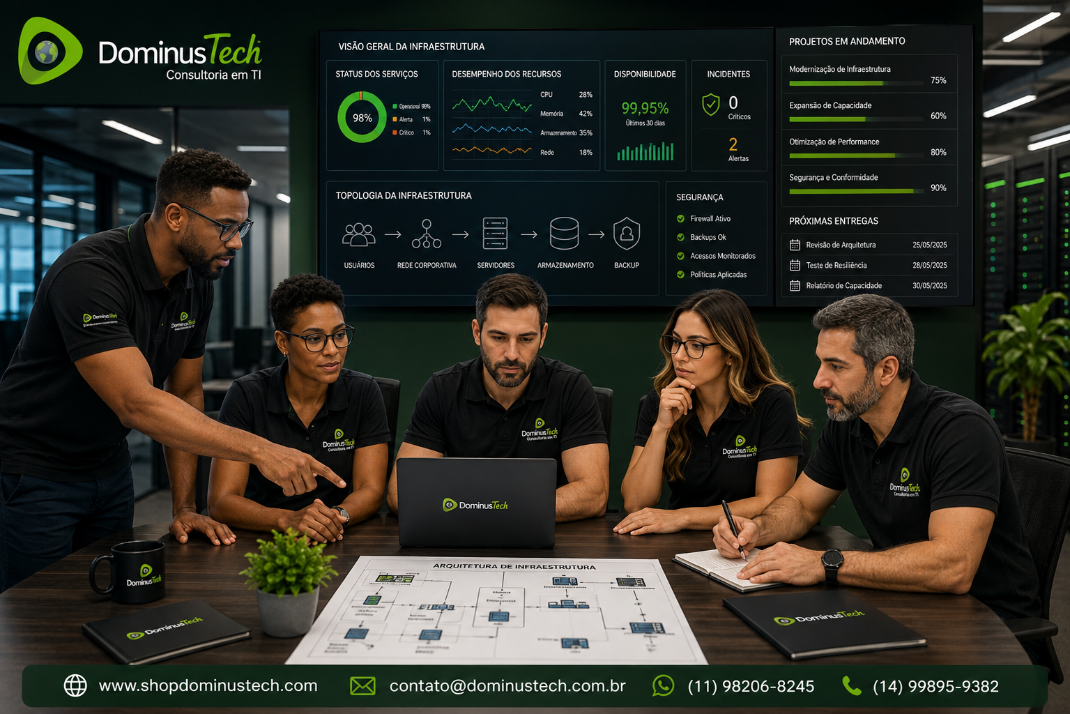 Equipe Dominus Tech acompanhando um projeto de infraestrutura corporativa, analisando arquitetura, desempenho, disponibilidade, segurança, servidores, armazenamento e backup em ambiente tecnológico.