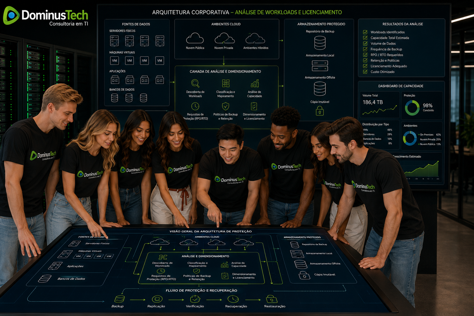 Equipe da Dominus Tech analisando arquitetura corporativa com servidores, máquinas virtuais, bancos de dados, aplicações, cloud e armazenamento para dimensionamento e licenciamento. Como Escolher a Licença Arcserve. Como Escolher a Licença Arcserve