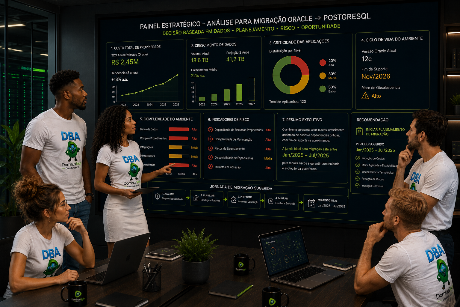 Equipe da Dominus Tech analisando painel corporativo com indicadores de custo, crescimento de dados, criticidade, ciclo de vida e complexidade para planejamento de migração de Oracle para PostgreSQL. Quando Migrar Oracle para PostgreSQL