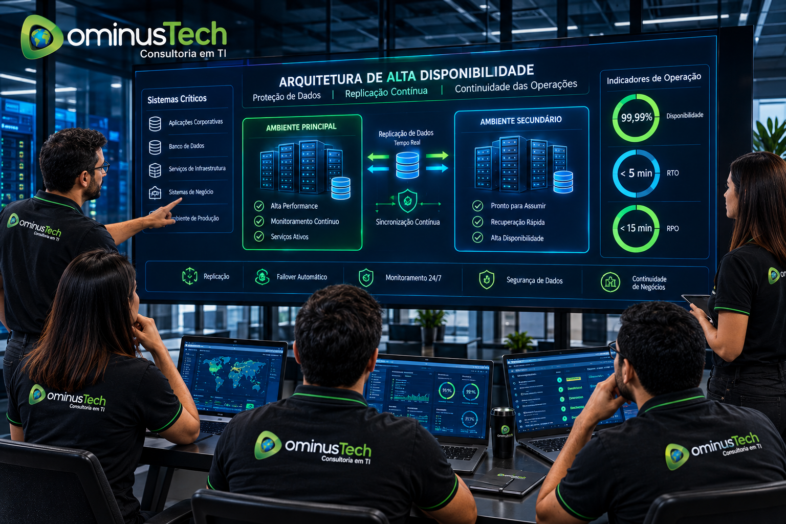 Equipe da Dominus Tech analisando uma arquitetura corporativa de alta disponibilidade, com sistemas críticos, replicação de dados, ambiente secundário e continuidade das operações.