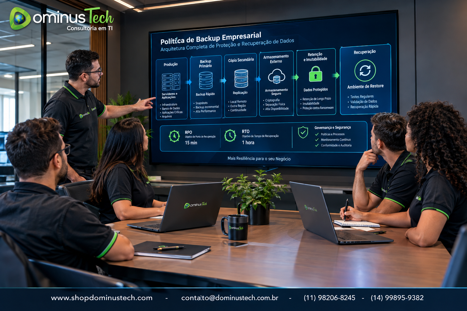 Equipe da Dominus Tech analisando uma arquitetura corporativa de backup com camadas de proteção, retenção, imutabilidade, RPO, RTO e recuperação de dados.