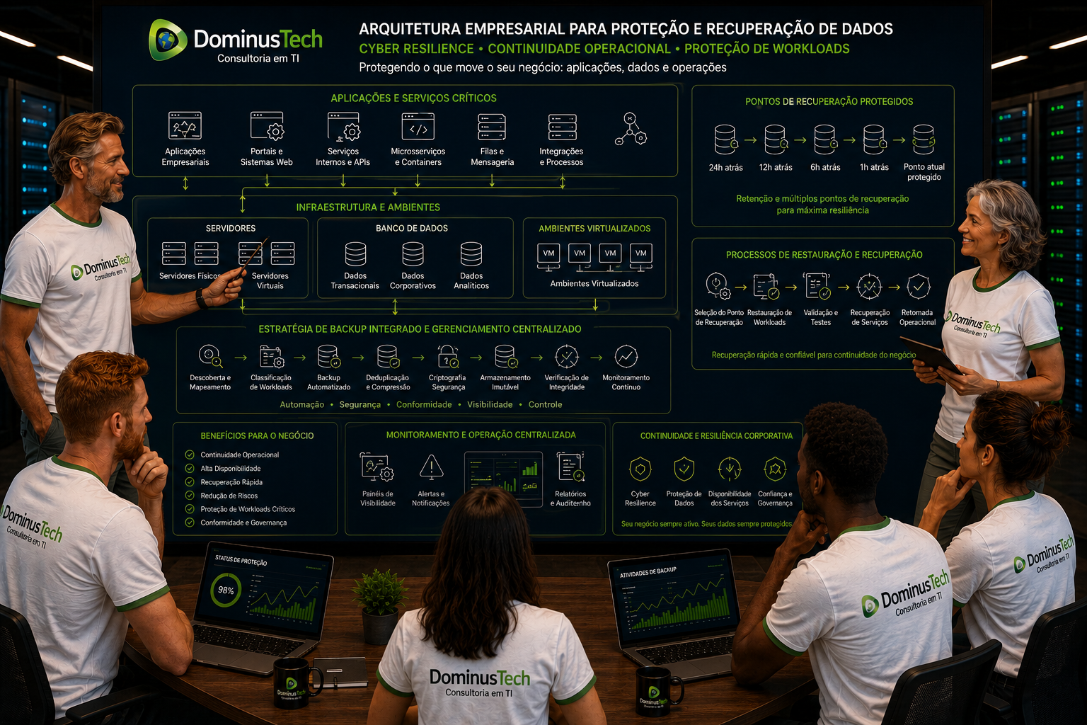 Equipe da Dominus Tech analisando arquitetura empresarial com aplicações críticas, servidores, bancos de dados, ambientes virtualizados, backup integrado e pontos de recuperação protegidos.