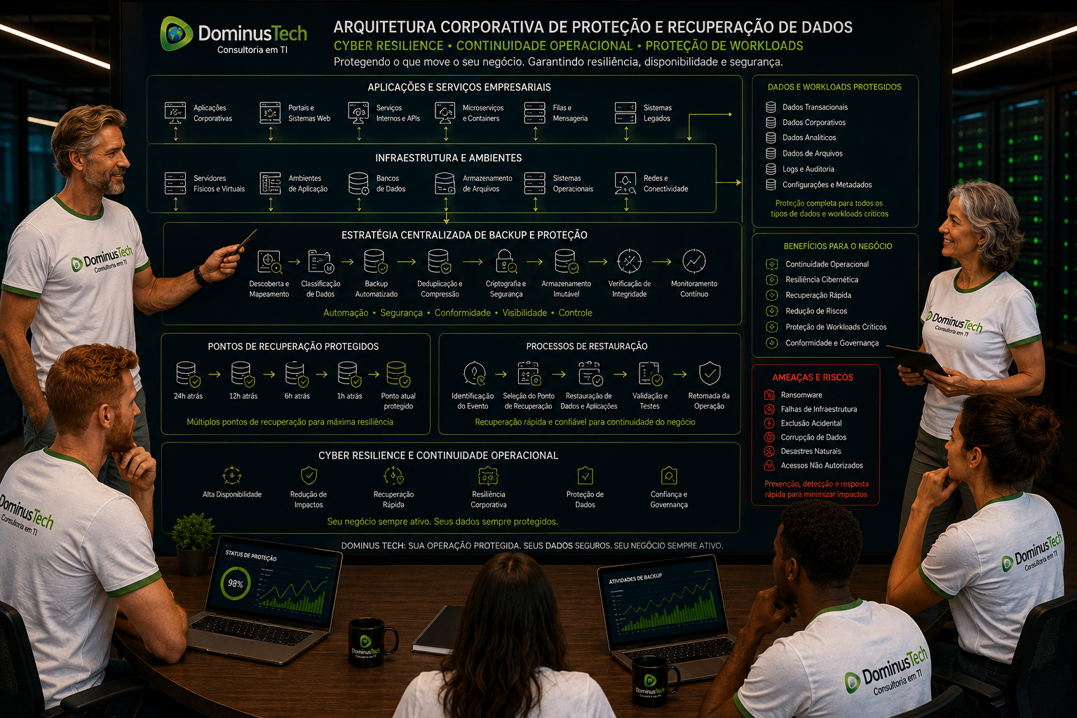 Equipe da Dominus Tech analisando arquitetura corporativa com aplicações, servidores, bancos de dados, backup centralizado e pontos de recuperação protegidos.